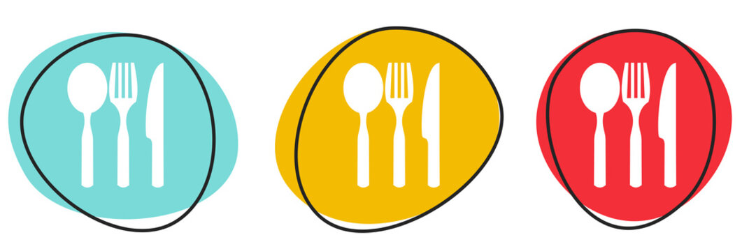 Button Banner Set mit 3 bunten Buttons: Besteck oder Restaurant Symbol