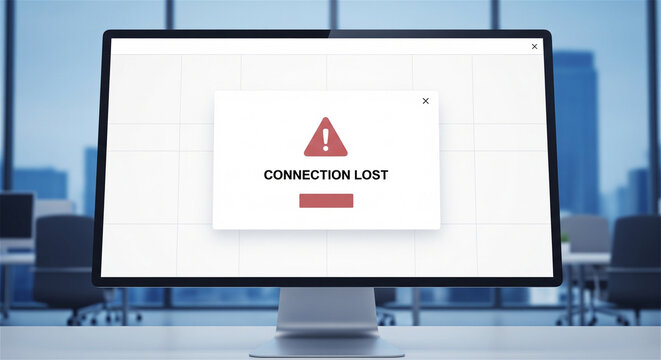 Connection lost error message on computer screen, internet disconnect warning in modern office, system failure alert on monitor