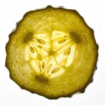 Translucent pickle slice with intricate seed pattern, backlit for detail
