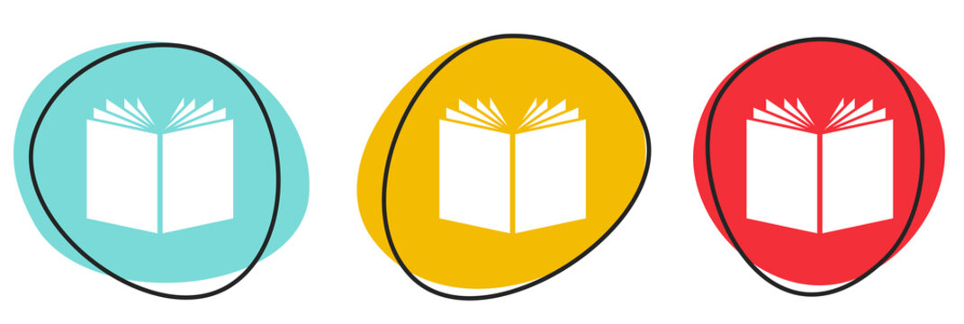 Button Banner Set mit 3 bunten Buttons: Zeitung, Buch oder News Symbol