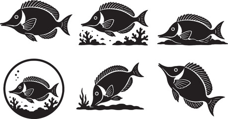 Foxface Rabbitfish Silhouette Icon Set Black Vector Reef Aquarium Fish Collection © Bui