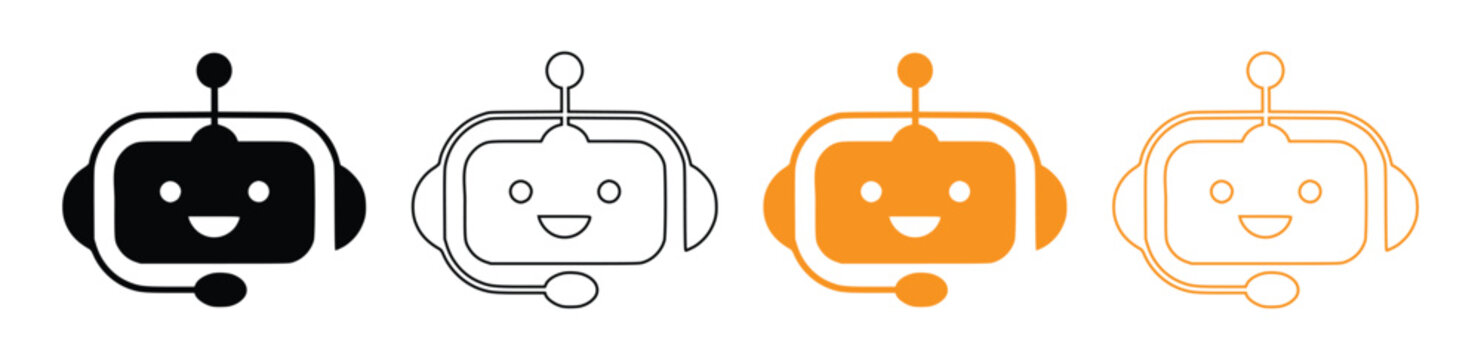 Cute AI Robot Head Icon Set - Friendly Chatbot Assistant Avatar, Artificial Intelligence Bot, Flat and Outline Vector Collection