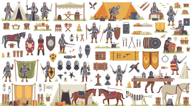 Medieval military camp vector elements set featuring knight silhouettes armor weapons horses tents and historical battlefield gear