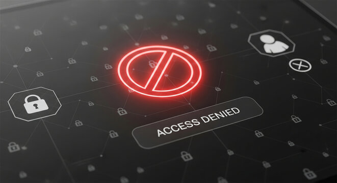Access denied warning on digital screen, cybersecurity breach alert with glowing red stop sign, computer system block and network security concept