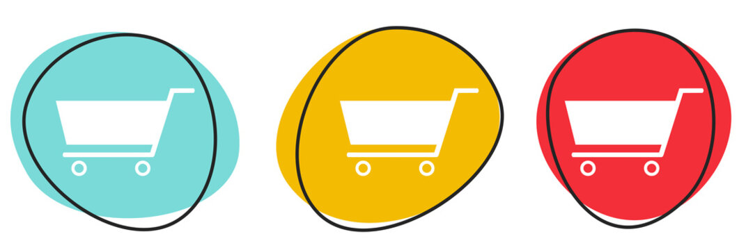 Button Banner Set mit 3 bunten Buttons: Shop, Einkaufen oder Supermarkt Symbol