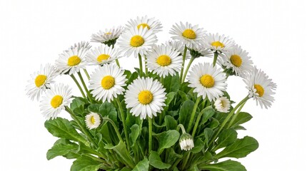 A tight, round bouquet of blooming white daisies with green stems isolated on a white background. © afwd store