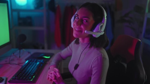 Young woman gamer with headset forms heart with hands at computer and keyboard in streaming studio; joy community.