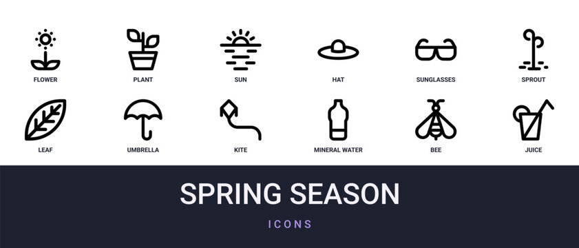 Set of 12 outline web Spring Season icons such as juice, bee, mineral water, kite, umbrella, leaf, sprout vector icons for report, presentation, diagram, web design, mobile app