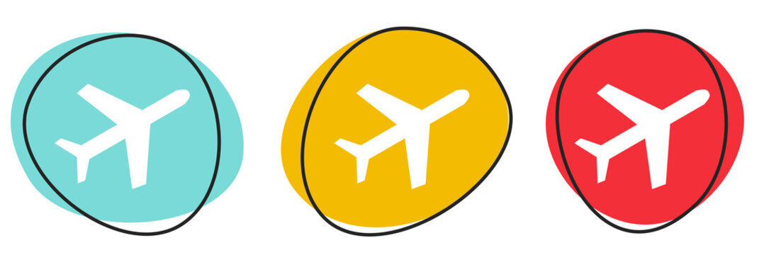 Button Banner Set mit 3 bunten Buttons: Flugzeug oder Flughafen Symbol