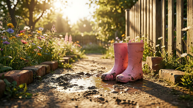Pair of pink child's rain boots caked in mud next to a shallow puddle on a sunlit garden path