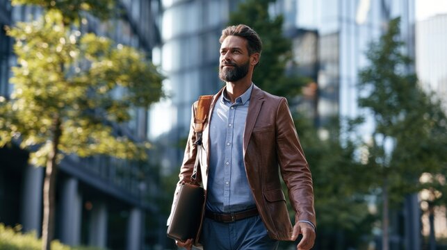 A man in a brown leather jacket walking down a city street, carrying a laptop bag.