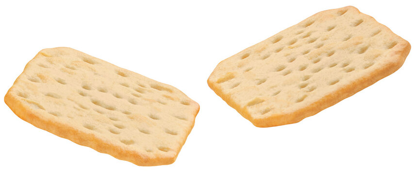 Crispy Crackers isolated on white background.  Flying  dry crackcers. Viewed from above.