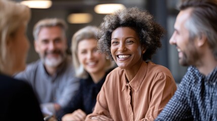 Fototapeta premium A diverse group of people engaged in a conversation, seated around a table in a cozy, well-lit room with warm lighting.