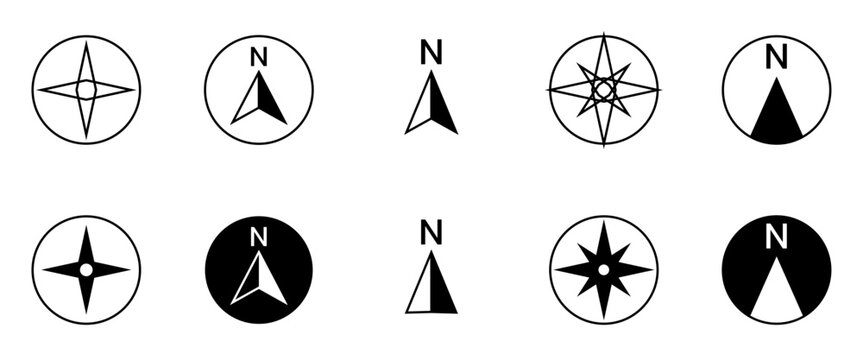 Compass and Navigation Icons Set &ndash; Compass Rose, North Direction Arrow and Navigation Pointer Symbols in Outline and Solid Style Vector Collection for Maps, GPS and Travel on Transparent background 