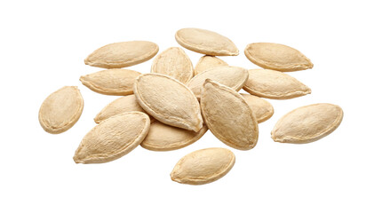 Obraz premium Raw pumpkin seeds heap scattered dried seeds healthy superfood isolated on transparent background png photo.