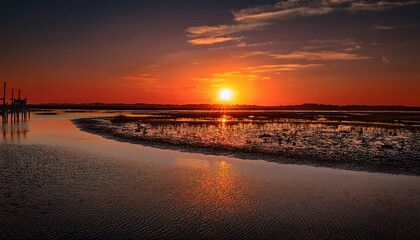 Fototapeta premium Sun Dips Below Horizon Casting Warm Glow On Virginia S Coastal Salt Marsh Water Reflects Fiery Sky Wetland Tidal Marsh