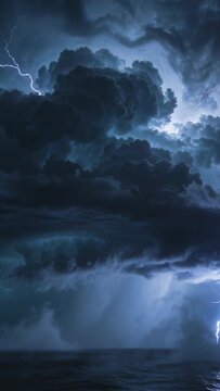 Vertical video: Rising huge storm cloud filling sky over sea, lightning flashing and rain falling
