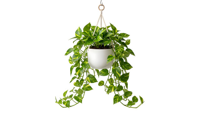 Golden pothos in white hanging planter isolated on transparent background
