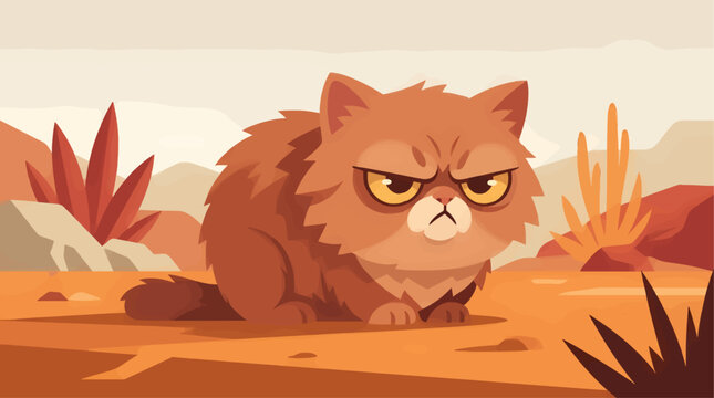 Grumpy Fluffy Cartoon Cat with Large Expressive Eyes and Furrowed Brow Sitting in a Stylized Desert Landscape, Flat Vector Illustration with Warm Earth Tones and Copy Space