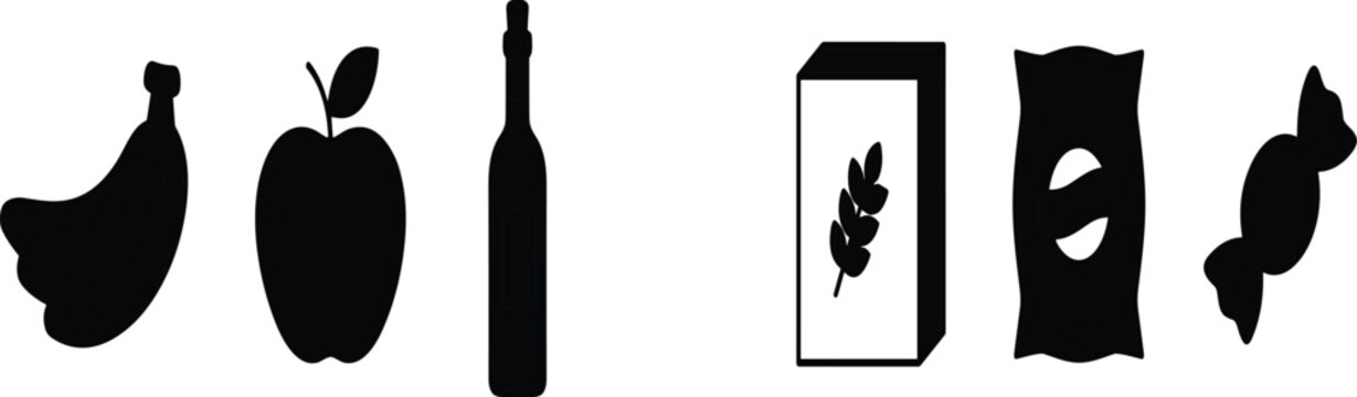 Minimalist Grocery and Food Supply Icon Set Featuring Fruits, Grain, Bottled Oil, Packaged Goods, and Snacks for Shopping Designs