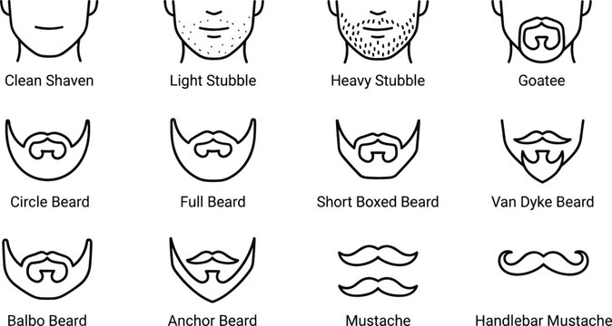 Men Beard and Mustache Styles Icon Set Featuring Various Facial Hair Types Like Goatee, Stubble, and Full Beard for Grooming and Barber Shop Designs