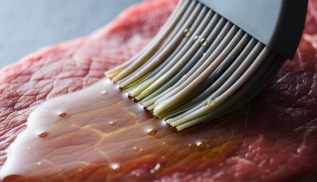Top-down macro shot of a silicone pastry brush coating glistening cooking oil onto the textured surface of a fresh raw beef steak, shallow depth of field, professional food photography.