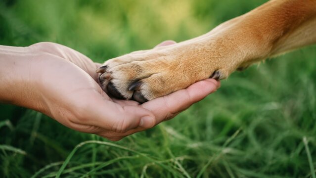 Close-up of a human hand gently cradling and holding the tan-furred front paw of a dog with dark curved nails against a background of soft lush green grass blades in gentle natural outdoor