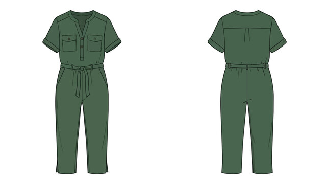 Professional Dark Green Women Jumpsuit Fashion Flat Sketch Technical Illustration with Front and Back View