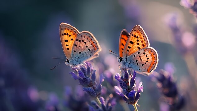 Two small orange butterflies with black spots resting on purple lavender flowers in a soft natural light setting