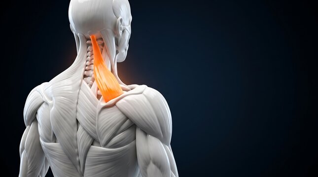 3D rendering of human anatomy showing the trapezius muscle highlighted in orange on the upper back and neck.