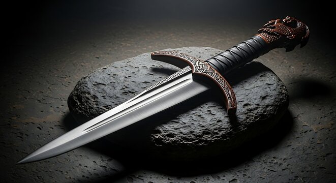 A medieval dagger lies on a weathered gray stone
