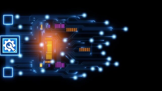 Artificial Intelligence Technology with Metallic Gears and Circuit Board Concept, digital technology concept with gears and circuits for computer design or business system development 4k animation