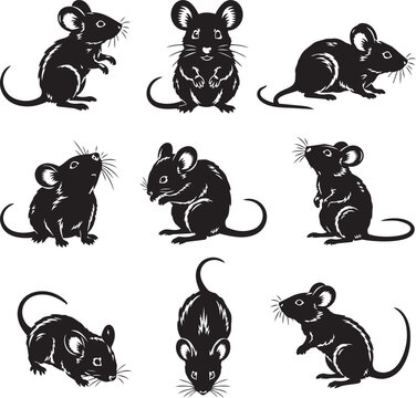 Mouse Vector Icon Set Collection with Realistic Rodent Silhouettes in Different Poses Isolated on White Background