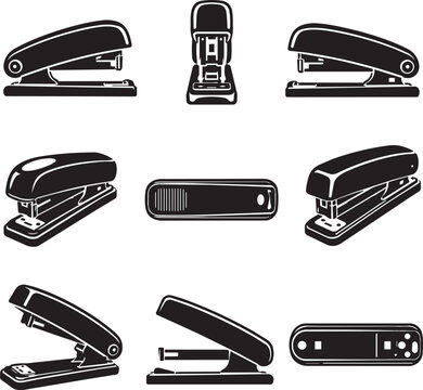 Office Stapler Vector Icon Set Collection with Desktop Paper Stapling Machine Designs Isolated on White Background