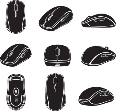 Computer Mouse Vector Icon Set Collection with Wired and Wireless Optical Mouse Designs for Office and Gaming Isolated on White Background