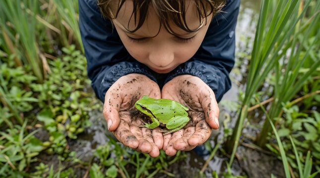 Child holding a small green frog in muddy hands at the pond side