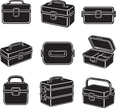 Lunch Box and Bento Box Vector Icon Set Collection with Food Storage Containers, Meal Prep Boxes, and Portable Lunch Cases Isolated on White Background