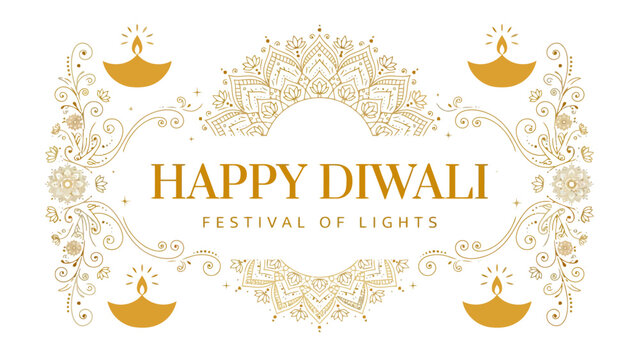 Happy Diwali Festival of Lights greeting card with golden decorations on white