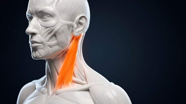 3D anatomical rendering of the human neck and shoulder muscles, highlighting the sternocleidomastoid muscle in orange.
