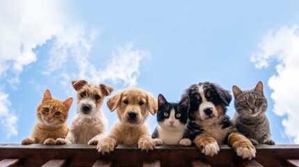 Fototapeta premium Cute Cats and Dogs Peeking Over Wooden Fence Against Blue Sky