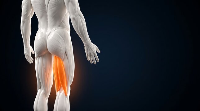 3D rendering of human leg muscles, highlighting the hamstring group with an orange glow on a dark background, representing anatomy and medical science.