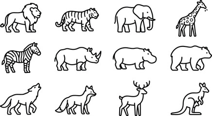 Wild Animals Icon Set Featuring Lion Tiger Elephant Giraffe Zebra Rhino Hippo Bear Wolf Fox Deer and Kangaroo for Wildlife Conservation Designs © Ashik 