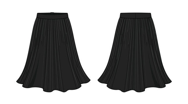 Black Pleated Midi Skirt Front and Back View Template for Fashion Design and Apparel Mockup Illustration