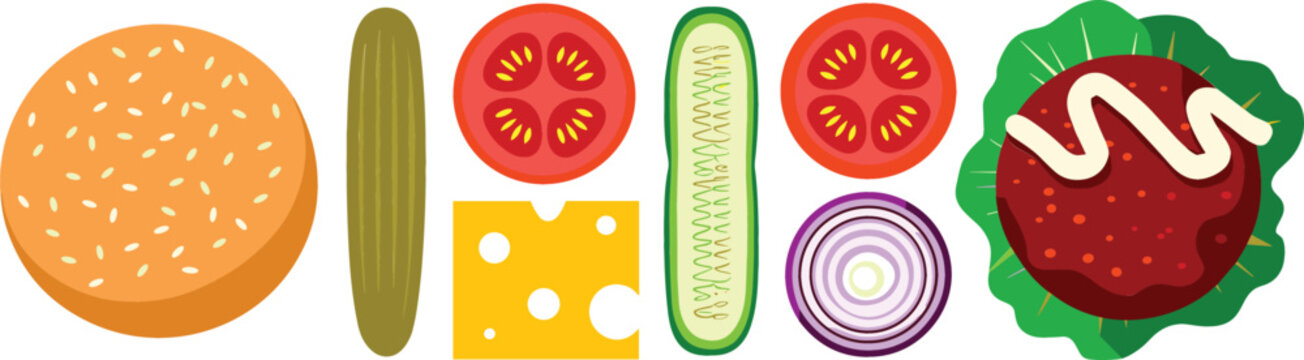 Deconstructed hamburger ingredients vector set showing bun sesame seeds cheese pickle tomato onion lettuce patty with sauce