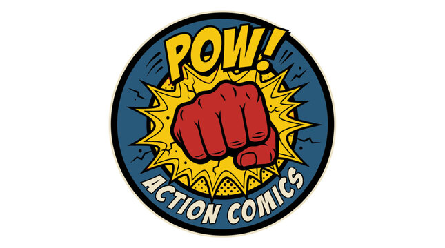 A retro comic book style punch badge with action comics and pow exclamation.