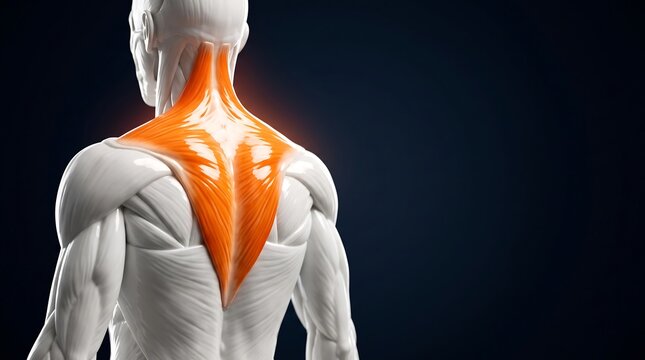 Detailed anatomical illustration of the human back muscles, specifically highlighting the trapezius muscle group in orange against a dark background.