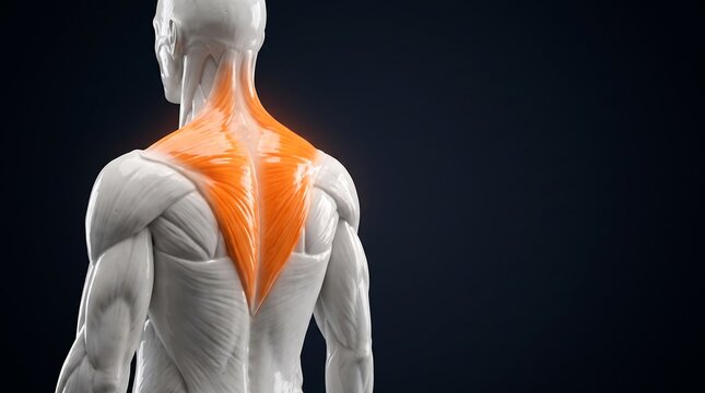 3D anatomical illustration of the human back showing the highlighted trapezius muscle.