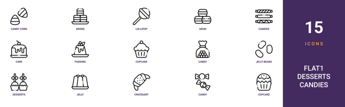 Set of 15 outline web Flat1 Desserts Candies icons such as cupcake, candy, croissant, jelly, desserts, jelly beans, candy vector icons for report, presentation, diagram, web design, mobile app