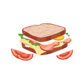 sandwich with egg, ham, cheese and fresh tomato, snack