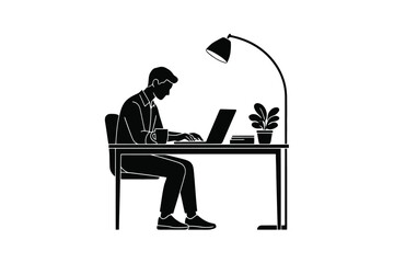 Fototapeta premium Silhouette Of Man Working At Desk With Laptop Black Vector